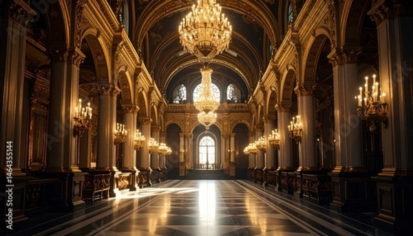 Fototapeta Grand Hall with Chandeliers and Columns