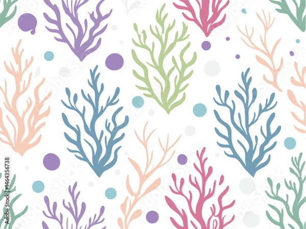 Fototapeta Seamless ocean coral reef pattern with colorful seaweed and bubbles. Hand-drawn marine botanical background perfect for fabric, wallpaper, wrapping paper, or underwater-themed designs.