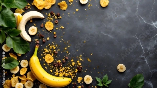 Fototapeta Fresh bananas and banana chips on a dark marble surface, studio shot