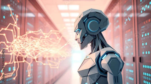 Obraz A graceful, elegant humanoid robot with refined features interacts with a glowing neural network in a data center, Generative Ai