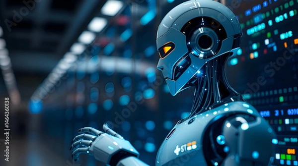Obraz A graceful, elegant humanoid robot with refined features interacts with a glowing neural network in a data center, Generative Ai