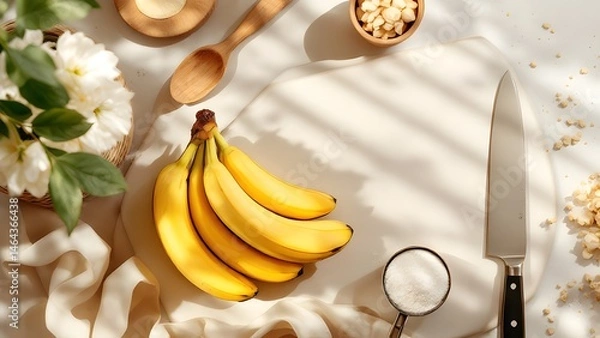 Fototapeta Fresh bananas with kitchen utensils on a white background in natural light