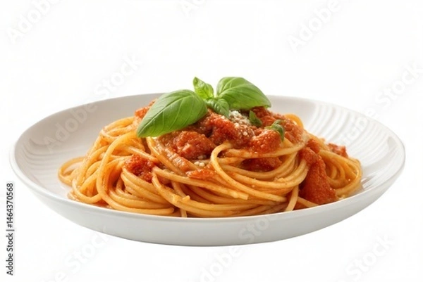 Obraz High-quality photorealistic image of spaghetti with rich tomato sauce, garnished with fresh basil, served on a white plate,  on white background, Italian cuisine.