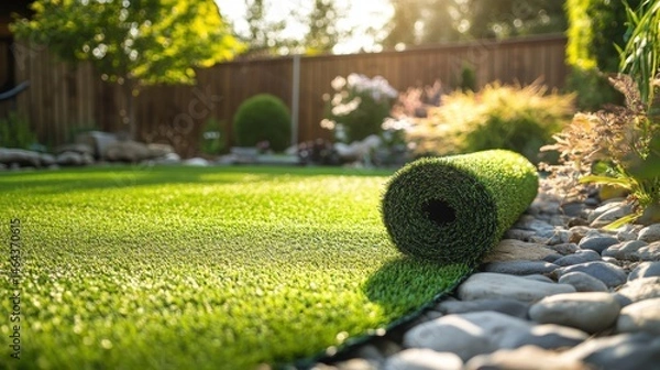 Fototapeta Roll of artificial turf unrolled on a bed of rocks in a sunny backyard garden setting outdoors
