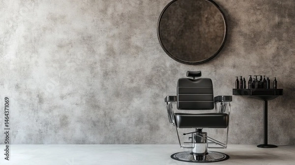 Obraz A black hair salon chair with chrome accents standing under a round mirror on a concrete wall, evoking industrial chic vibes