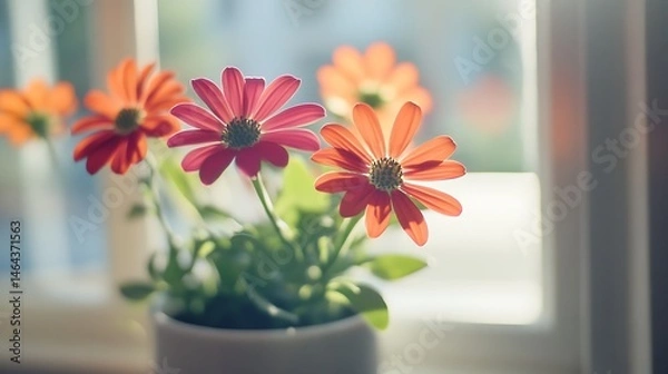 Obraz Vibrant flowers in a pot by a window.