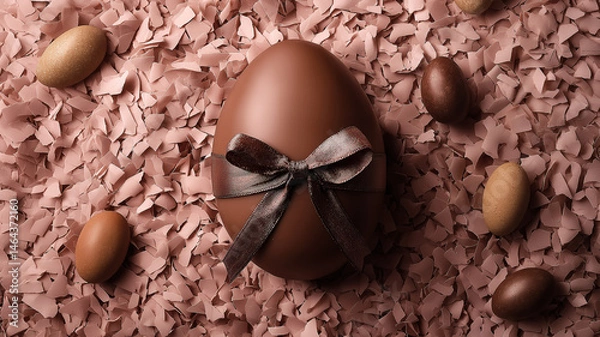 Obraz Gourmet dark chocolate Easter egg with silky ribbon bow on pastel shredded paper for display