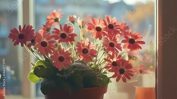Obraz Close-up view of a bouquet of pink flowers in a pot.