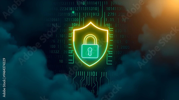 Obraz Glowing Cybersecurity Shield with Digital Lock – Futuristic Circuit Background in Vibrant Neon Colors, Generative Ai
