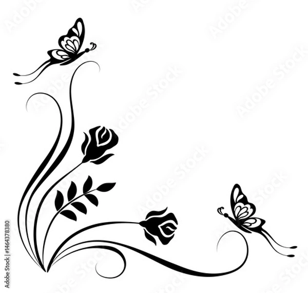 Obraz Corner ornament with roses flowers, leaves and butterflies. Decorative element for decor and text greeting or invitation card design.