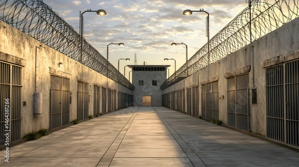 Fototapeta Prison courtyard with concrete walkway and razor wire fences under bright dayligh