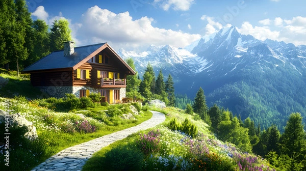 Fototapeta Wooden chalet on alpine hillside with wildflowers and snow-capped mountains in background