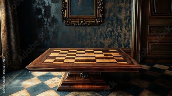 Obraz Intricate wooden chessboard table in a grand room.