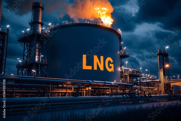 Fototapeta Industrial LNG facility at twilight with towering tank, piping, and glowing chimney
