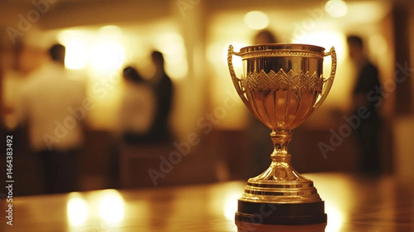 Fototapeta Golden trophy on table in conference room with blurred people celebrating behind