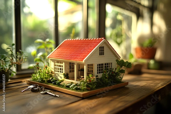 Fototapeta Mini house model with red roof and keys on rustic surface under warm natural light