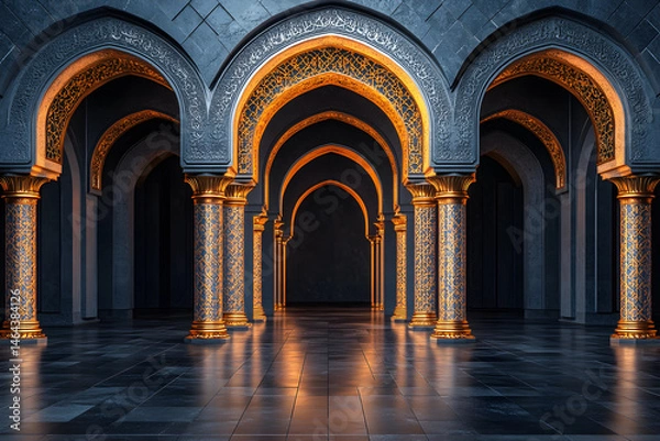 Fototapeta Copper-bronze Islamic archway on dark background with glowing floor