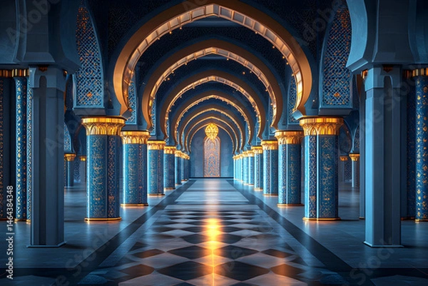 Fototapeta Copper-bronze Islamic archway on dark background with glowing floor