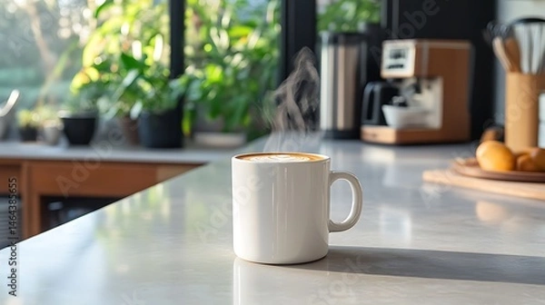 Obraz Warm beverage sits on a kitchen counter.