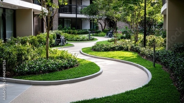 Obraz A winding accessible pathway meanders through a lush garden, providing a serene and wheelchair-friendly environment for residents of an assisted living facility.