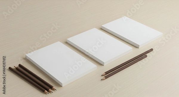 Obraz Blank White Notebooks with Brown Pencils on Light Wood Surface
