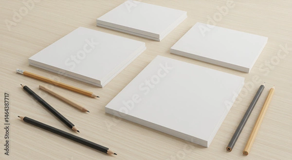 Obraz Blank Notepads and Pencils on a Light Wood Desk