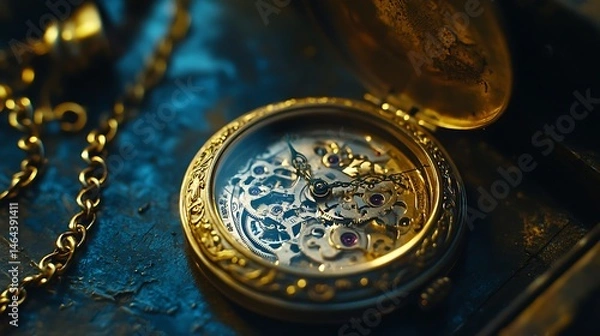Obraz Close-up of a vintage pocket watch mechanism.