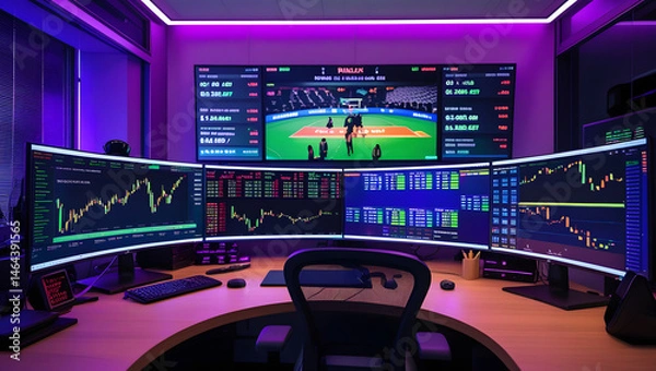 Fototapeta This high-resolution image captures a modern, high-tech trading room setup that doubles as a gaming workstation. The sleek black desk features four curved monitors