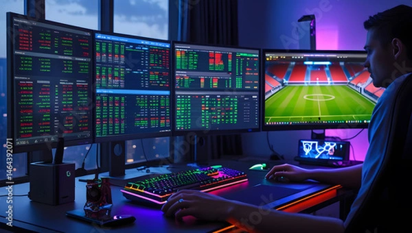 Fototapeta This high-resolution image captures a modern, high-tech trading room setup that doubles as a gaming workstation. The sleek black desk features four curved monitors