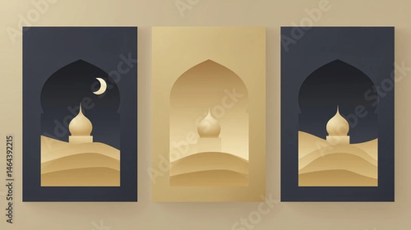 Fototapeta Abstract illustration featuring three panels with arched designs, showcasing a golden dome against a gradient background, evoking a sense of tranquility and cultural richness