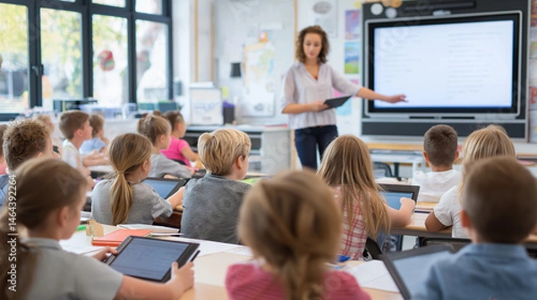 Fototapeta showing a bright and well-lit classroom. A female teacher stands near the front of the room, pointing at a large interactive digital screen. She holds a tablet in one hand.
