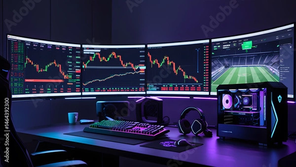 Fototapeta This high-resolution image captures a modern, high-tech trading room setup that doubles as a gaming workstation. The sleek black desk features four curved monitors