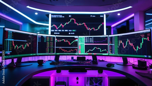 Fototapeta This high-resolution image captures a modern, high-tech trading room setup that doubles as a gaming workstation. The sleek black desk features four curved monitors