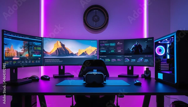 Fototapeta This high-resolution image captures a modern, high-tech trading room setup that doubles as a gaming workstation. The sleek black desk features four curved monitors