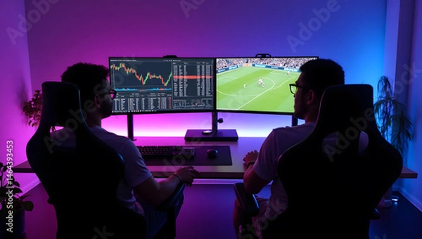 Fototapeta This high-resolution image captures a modern, high-tech trading room setup that doubles as a gaming workstation. The sleek black desk features four curved monitors