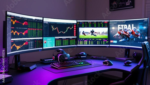 Fototapeta This high-resolution image captures a modern, high-tech trading room setup that doubles as a gaming workstation. The sleek black desk features four curved monitors