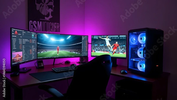 Fototapeta This high-resolution image captures a modern, high-tech trading room setup that doubles as a gaming workstation. The sleek black desk features four curved monitors