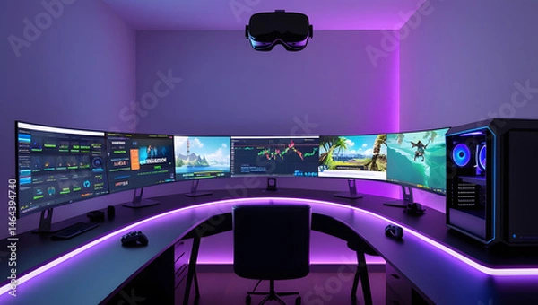 Fototapeta This high-resolution image captures a modern, high-tech trading room setup that doubles as a gaming workstation. The sleek black desk features four curved monitors