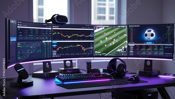 Fototapeta This high-resolution image captures a modern, high-tech trading room setup that doubles as a gaming workstation. The sleek black desk features four curved monitors