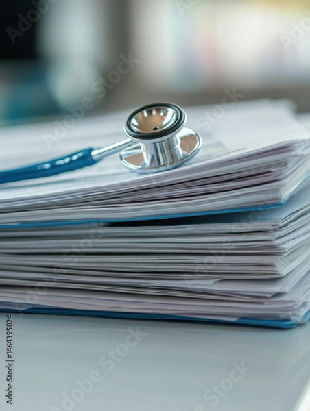 Fototapeta Close-up of a stethoscope resting on a stack of medical documents and papers, representing healthcare, medical records, and clinical examination tools