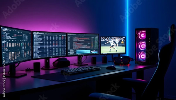 Fototapeta This high-resolution image captures a modern, high-tech trading room setup that doubles as a gaming workstation. The sleek black desk features four curved monitors