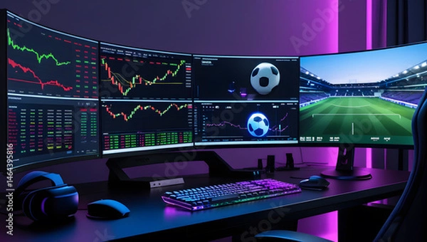 Fototapeta This high-resolution image captures a modern, high-tech trading room setup that doubles as a gaming workstation. The sleek black desk features four curved monitors