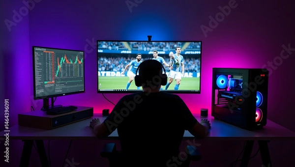 Fototapeta This high-resolution image captures a modern, high-tech trading room setup that doubles as a gaming workstation. The sleek black desk features four curved monitors