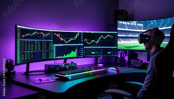 Fototapeta This high-resolution image captures a modern, high-tech trading room setup that doubles as a gaming workstation. The sleek black desk features four curved monitors