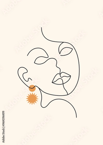 Fototapeta retro mid century modern line art woman portrait, vector illustration, abstract minimalist face, A3 poster print design	