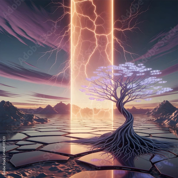 Fototapeta A vast, glowing interdimensional portal crackles with energy, casting an ethereal light across the desolate, metallic landscape of a distant planet