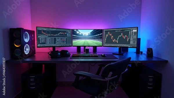 Fototapeta This high-resolution image captures a modern, high-tech trading room setup that doubles as a gaming workstation. The sleek black desk features four curved monitors