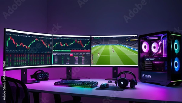 Fototapeta This high-resolution image captures a modern, high-tech trading room setup that doubles as a gaming workstation. The sleek black desk features four curved monitors