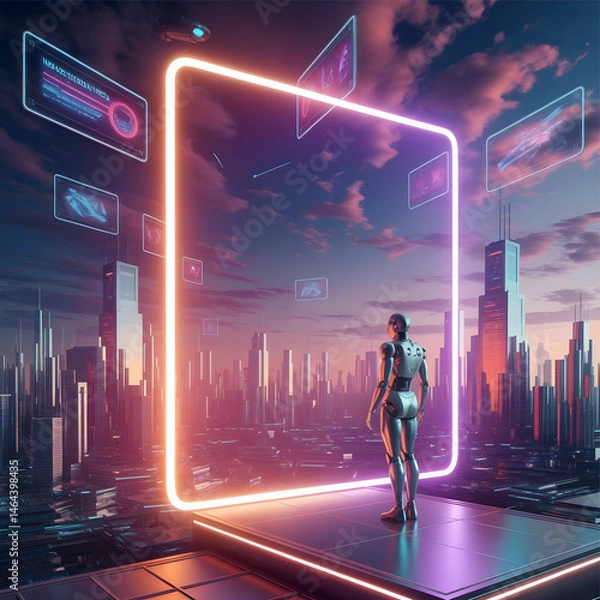 Fototapeta A vast, glowing interdimensional portal crackles with energy, casting an ethereal light across the desolate, metallic landscape of a distant planet