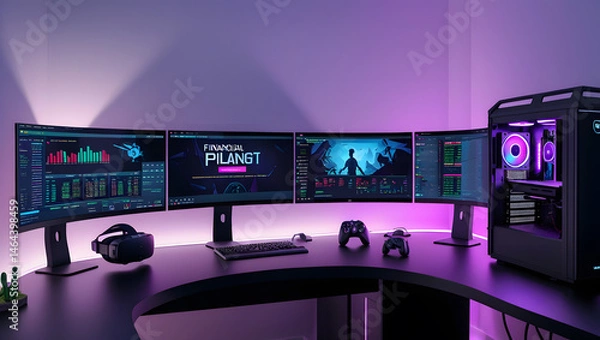 Fototapeta This high-resolution image captures a modern, high-tech trading room setup that doubles as a gaming workstation. The sleek black desk features four curved monitors